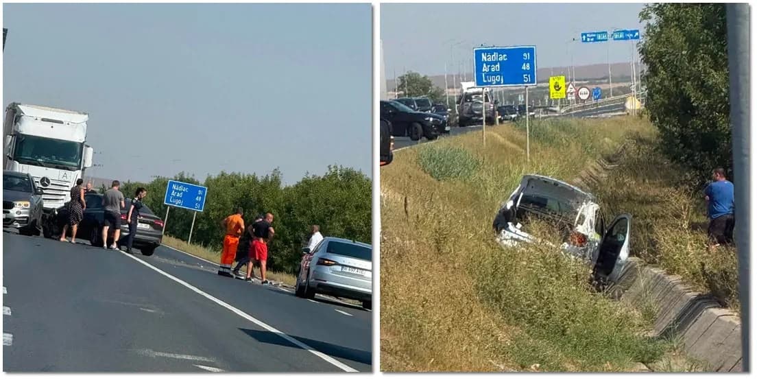 Autospecială de Poliție, lovită și aruncată în șanț pe breteaua de acces la autostradă, lângă Timișoara